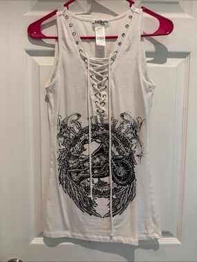 Lace-Up White Graphic Tank Top